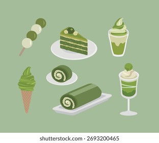 Matcha Sobremesas e Green Tea Sweets Collection. incluindo matcha dango, bolos, pães, sorvete e smoothies.