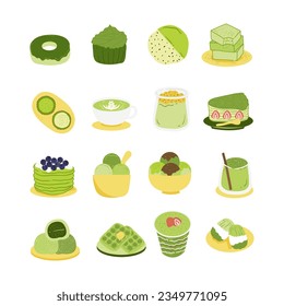 Matcha desserts illustration. Lovely matcha green powder tea-based recipe desserts flat design illustration with cakes, cookies, biscuits, and other sweets.