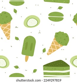 Matcha desserts seamless pattern. Green tea icecream, mochi, macaroon. Food ornament. Stock vector illustration.  