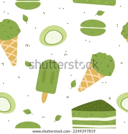 Matcha desserts seamless pattern. Green tea icecream, mochi, macaroon. Food ornament. Stock vector illustration.  