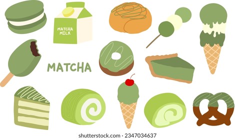 Matcha desserts such as cinnamon roll, donut, dango, ice cream, yam roll cake, macaron, milk and pretzel for cafe, restaurant, logo, icon, stickers, recipe, menu, baking book, pastry, bakery, snack