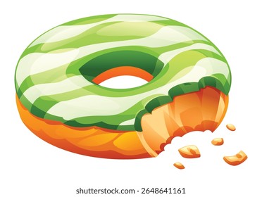 Matcha donut com glacê branco listrado, com uma mordida retirada e migalhas caindo. Ilustração de desenho animado vetorial