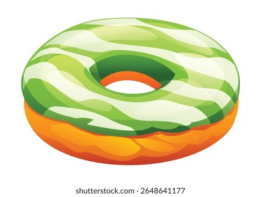 Matcha donut with white striped icing, fresh and appealing sweet treat. Vector cartoon illustration
