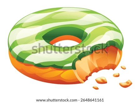 Matcha donut with white striped icing, with a bite taken out and crumbs falling. Vector cartoon illustration