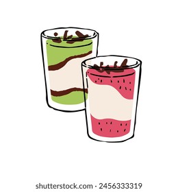 Matcha and dragon fruit puddings in glasses. Fruity yogurt, yoghurt with kiwi, pitaya. Sweet mousse. Natural dessert, healthy snack, food for breakfast. Flat isolated vector illustration on white