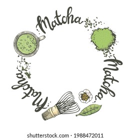 Matcha drink and bamboo whisk round lettering, vector illustration.