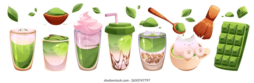 Matcha drinks and desserts collection - green tea latte, boba tea with tapioca pearls, powder bowl, chocolate bar. Japanese cafe menu items for Asian cuisine and shops apps or beverage illustrations.