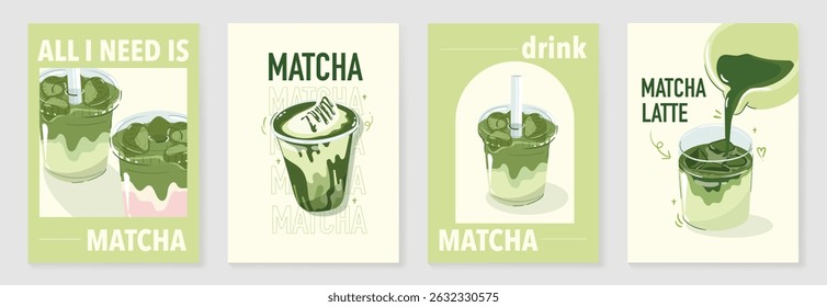 Matcha drinks poster design vector set. collection wallpaper with cute doodle decoration, matcha latte. Illustration for promotion, marketing, package, ads.