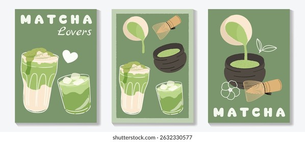 Matcha drinks poster design vector set. collection wallpaper with matcha latte, purematcha, hot green tea, bamboo whisk. Illustration for promotion, marketing, package, ads.