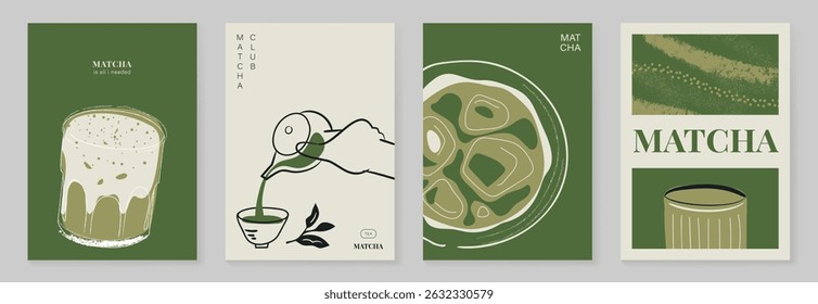 Matcha drinks poster design vector set. collection wallpaper with matcha latte, purematcha, hot green tea. Illustration for promotion, marketing, package, ads.