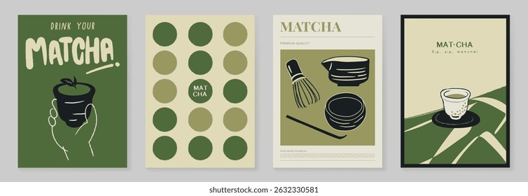 Matcha drinks poster design vector set. collection wallpaper with matcha latte, purematcha, hot green tea, bamboo whisk. Illustration for promotion, marketing, package, ads.