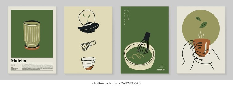 Matcha drinks poster design vector set. collection wallpaper with matcha latte, purematcha, hot green tea, bamboo whisk. Illustration for promotion, marketing, package, ads.