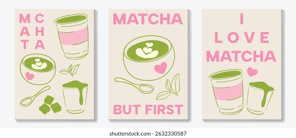 Matcha drinks poster design vector set. collection wallpaper with matcha latte, purematcha, hot green tea. Illustration for promotion, marketing, package, ads.