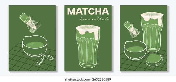 Matcha drinks poster design vector set. collection wallpaper with matcha latte, purematcha, hot green tea, bamboo whisk. Illustration for promotion, marketing, package, ads.