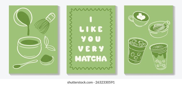 Matcha drinks poster design vector set. collection wallpaper with matcha latte, purematcha, hot green tea, bamboo whisk. Illustration for promotion, marketing, package, ads.