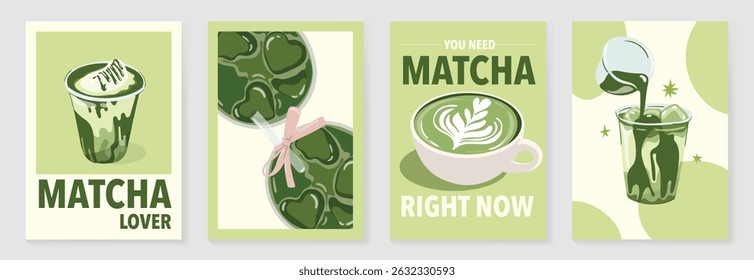 Matcha drinks poster design vector set. collection wallpaper with matcha latte, purematcha. Illustration for promotion, marketing, package, ads.