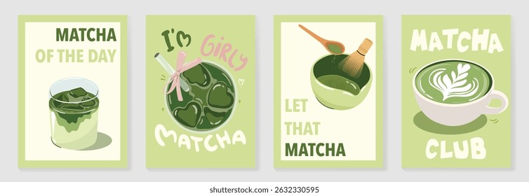Matcha drinks poster design vector set. collection wallpaper with matcha latte, purematcha, hot green tea, bamboo whisk. Illustration for promotion, marketing, package, ads.
