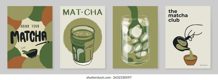 Matcha drinks poster design vector set. collection wallpaper with matcha latte, purematcha, hot green tea. Illustration for promotion, marketing, package, ads.