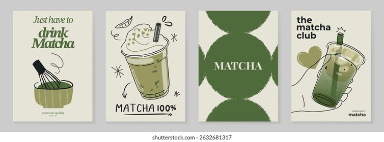 Matcha drinks poster design vector set. collection wallpaper with matcha latte, purematcha, hot green tea, bamboo whisk. Illustration for promotion, marketing, package, ads.