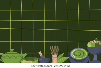 Matcha Elementos Fondo Anuncio Póster sobre fondo oscuro a cuadros