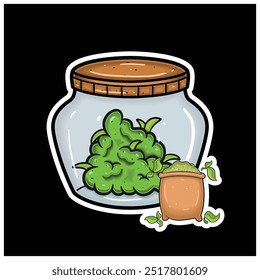 Matcha Flavor With Cartoon Mascot of Weed Bud On Jar. For Sticker and label. Vector and Illustration.