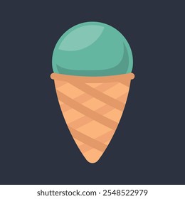 matcha flavor ice cream wafer cone in flat vector design.