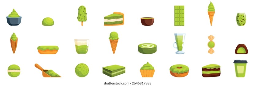 Matcha flavored dessert icons set. Matcha confectionery products including mochi, ice cream, cakes, and drinks are representing the popular japanese green tea flavor