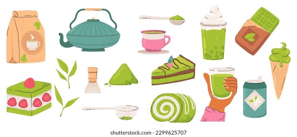 Matcha food and tea. Cake, green sweet desserts and chocolate. Isolated asian vegetarian meals, japanese powder drinks, snugly vector elements
