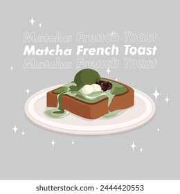 Matcha French toast with ice cream, red beans and mochi. Matcha Dessert Vector Illustration.