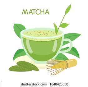 Matcha in Glas-Cup Vektorgrafik. Kekse mit Matcha, Whisk, Tee Blätter.