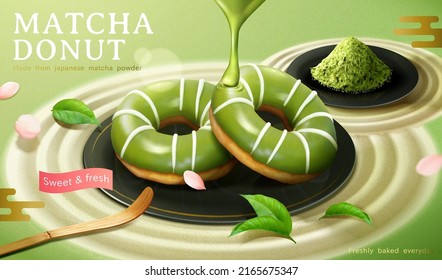 Matcha glazed doughnut ad. Donuts on the central plate pouring with Japanese matcha spread with green tea leaves and matcha powder placed on karesansui background in 3D illustration