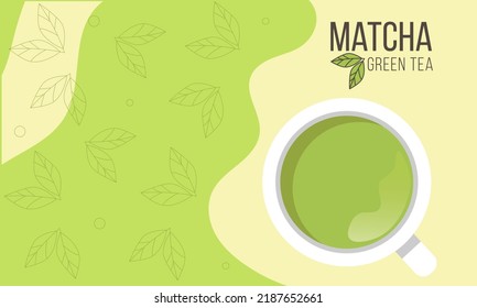 Plantilla de banner de té verde Matcha. Fondo vectorial con hojas verdes y taza de té verde.