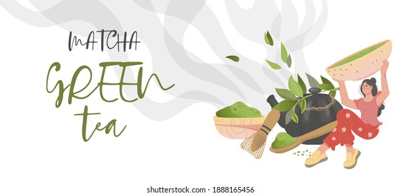 Matcha green tea banner or flyer design with female character, flat vector illustration on white background. Young woman is holding above her head cup with brewed green matcha drink.