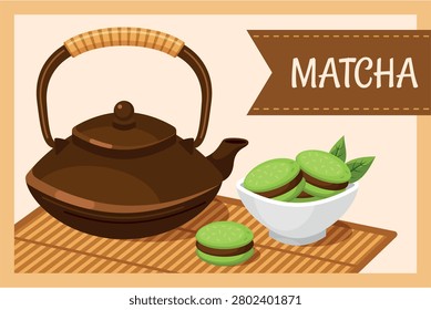 Matcha green tea banner showing a teapot and matcha cookies on a table with green leaves