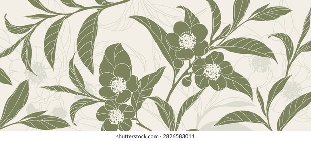 Matcha green tea botanical background vector with elegant tea leaves, delicate white blossoms and soft sage green backdrop. Natural design for beverage packaging, cafe branding, menu and wellness products.