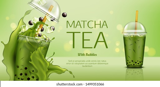 Matcha green tea with bubbles and ice cubes mock up banner. Cold drink splashing in takeaway plastic cup with cap and straw. Healthy beverage advertising for cafe. Realistic 3d vector illustration