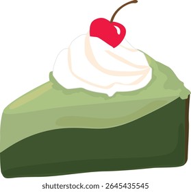Matcha Green Tea Cake Slice with Whipped Cream and Cherry | Vector Dessert Illustration