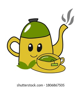 Concepto de Matcha y té verde. Dibujar mano tetera amarilla y taza de matcha caliente aislada en fondo blanco. Bebida saludable en Japón.