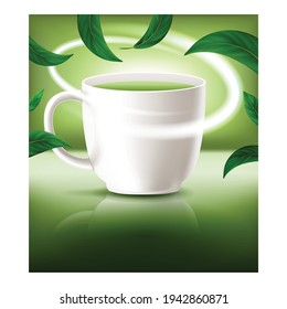 Matcha Green Tea Creative Promo Poster Vector. Natural Tea Beverage Blank Cup And Green Leaves On Advertise Banner. Traditional Organic Morning Energy Drink Style Color Concept Layout Illustration