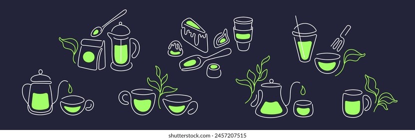 Matcha green tea. Cup, teapot, latte, cocktail with ice in minimal line design. Japanese traditional ceremony, whisk, healthy drink, bamboo spoon, candy, cake. Vector sketch set. Editable stroke