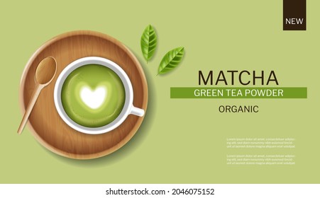 Vector de taza de té verde Matcha realista. Colocación de productos burlándose del diseño de etiquetas de bebidas saludables