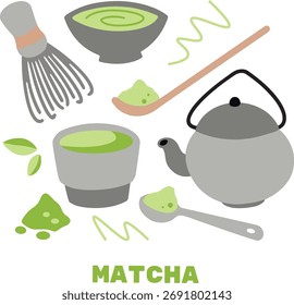 Matcha green tea cute vector set. Isolated illustrations for cafe menus, recipes, posters and healthy lifestyle design.