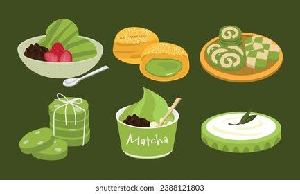 Matcha Green Tea dessert in flat color vector style collection3