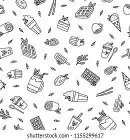 Matcha green tea desserts and drinks. Vector hand drawn seamless pattern