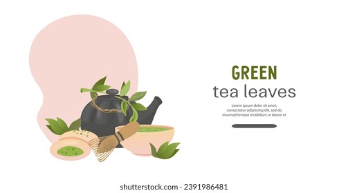 Matcha and green tea drinks advertising web banner or poster design for teahouse and store, flat vector illustration. Custom banner design for tea menu and sales.