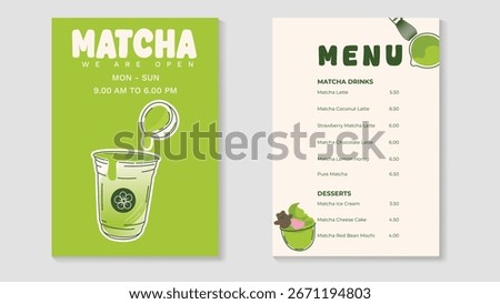 Matcha Green tea drinks cafe menu template design set. Poster of green tea menu list, matcha drink, beverage, dessert. Vector illustration for logo, promotion, marketing, cards, ads.