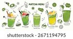 Matcha Green tea drinks set element design with cartoon doodle. Set of matcha latte, green tea iced, glass, dessert, boba tea, donut. Vector illustration for logo, promotion, marketing, menu, ads.