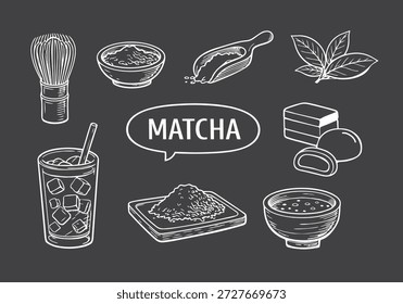 Colección de Elementos de té verde Matcha en estilo tiza