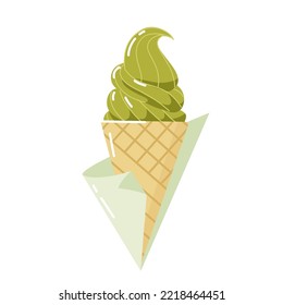 Matcha green tea ice cream in waffle cone. Isolated vector illustration on white background. 