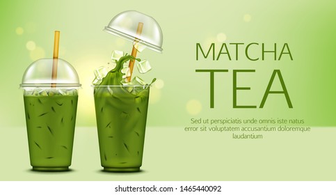 Matcha Green Tea With Ice Cubes And Splash In Takeaway Plastic Cup With Cap And Straw Mock Up Banner, Cold Summer Drink Ads Poster For Cafe, Healthy Fresh Beverage. Realistic 3d Vector Illustration